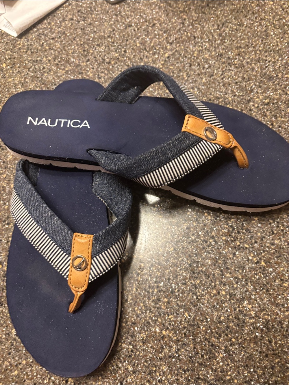 Nautica Men’s Navy and Tan Striped Fabric Flip Flops